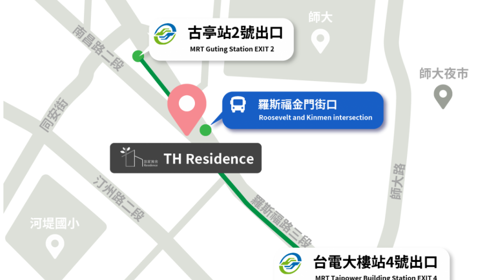 交通路線圖 — 古亭站 2 號出口與台電大樓站 4 號出口步行路線